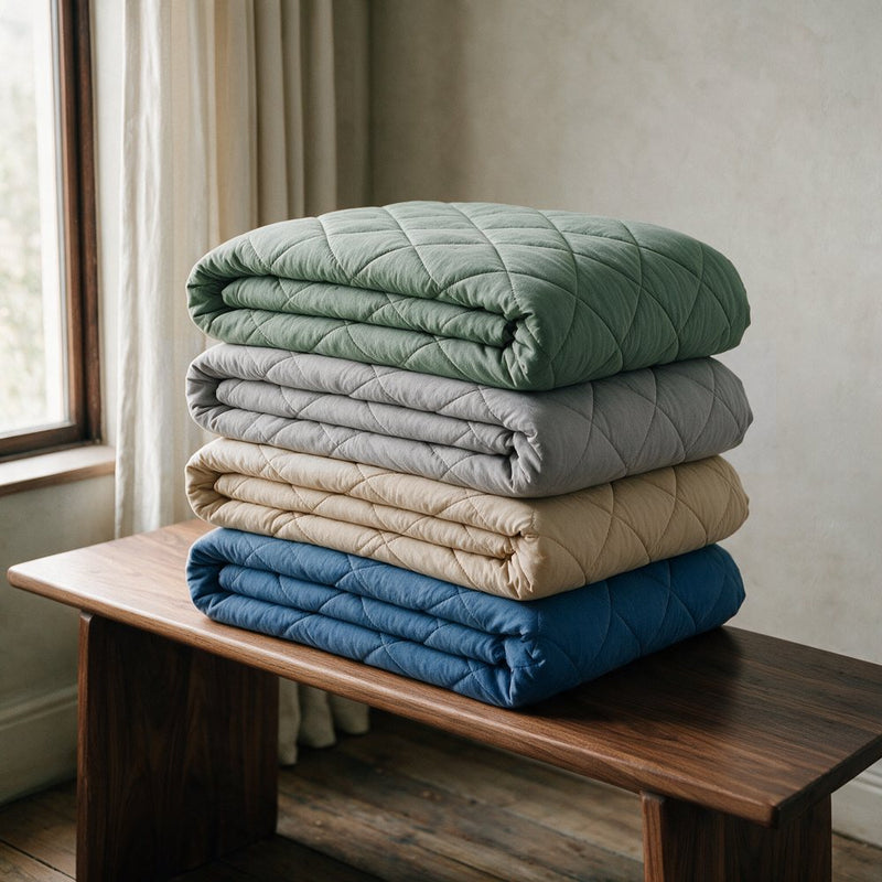 Four folded EverSleep duvets stacked on a wooden bench: sage, grey, beige and blue