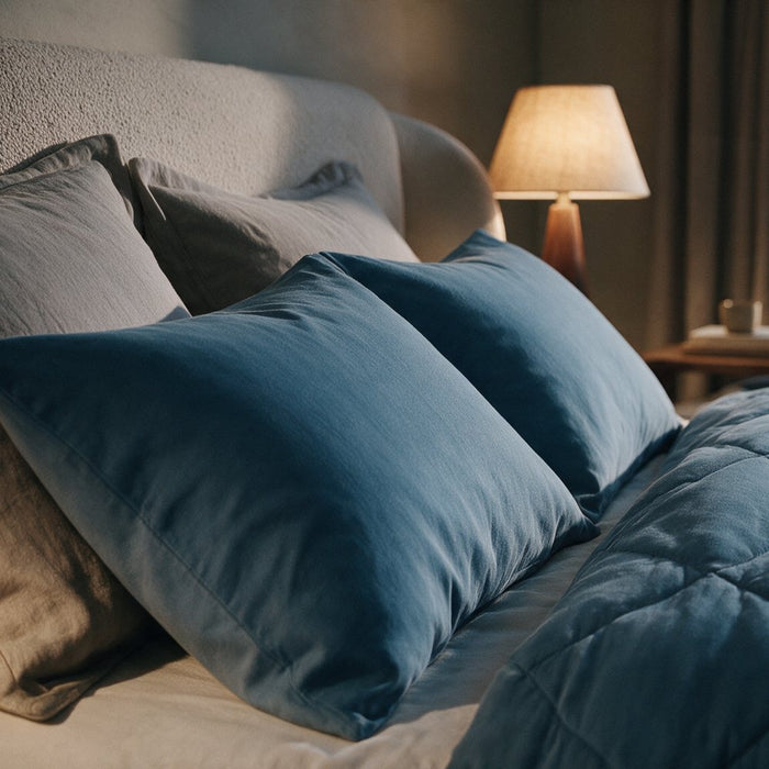 Two EverSleep pillowcases in blue against the headboard, with the lamp lit behind
